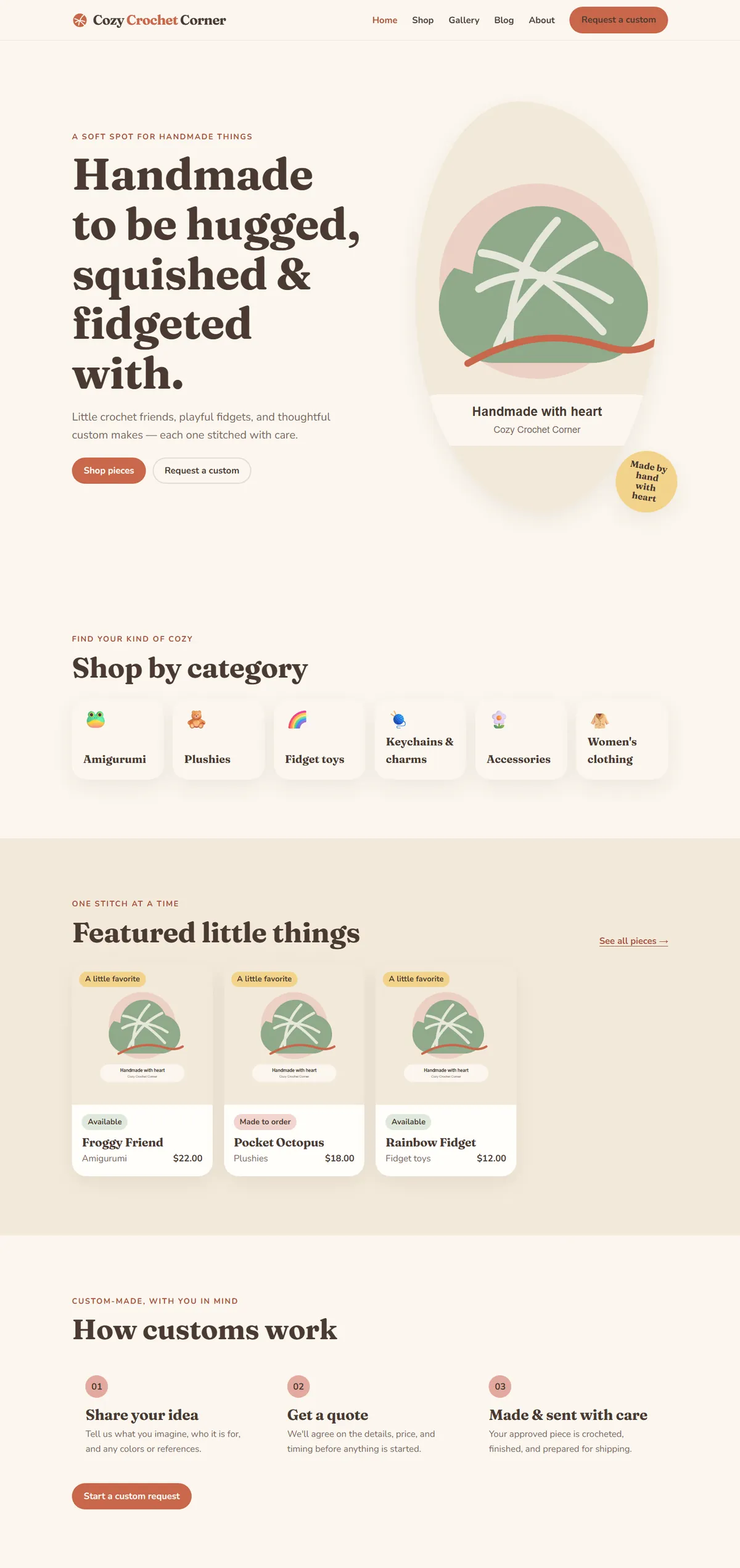 Cozy Crochet Corner home page: handmade-to-be-hugged hero, shop-by-category tiles, featured pieces and how customs work
