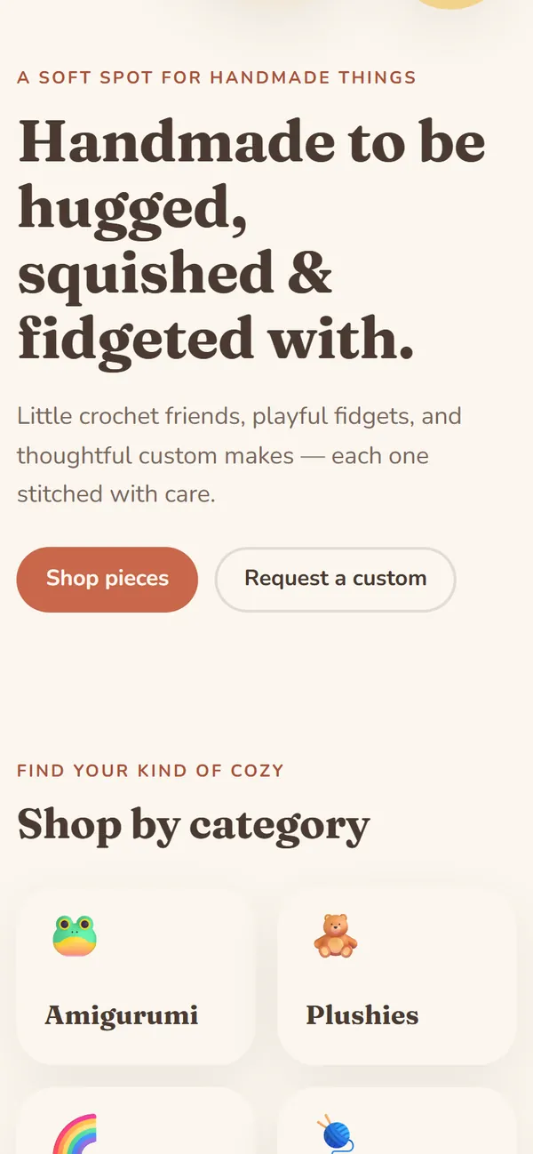The Cozy Crochet Corner hero on a phone, with Shop pieces and Request a custom buttons