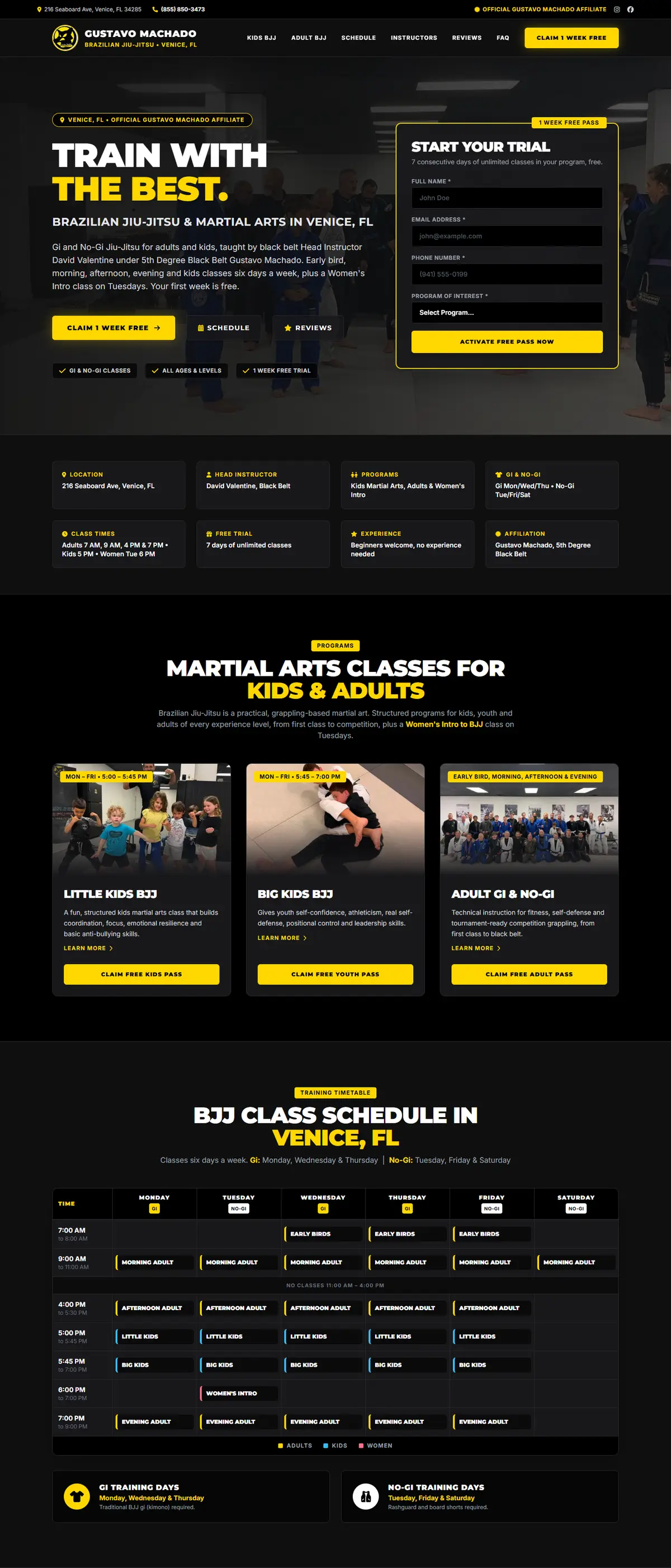 Gustavo Machado BJJ Venice home page: hero with free-trial form, program cards and the weekly class calendar